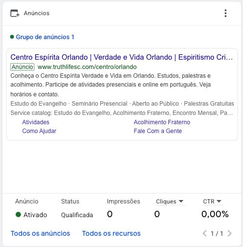 Anúncio, sitelinks e status